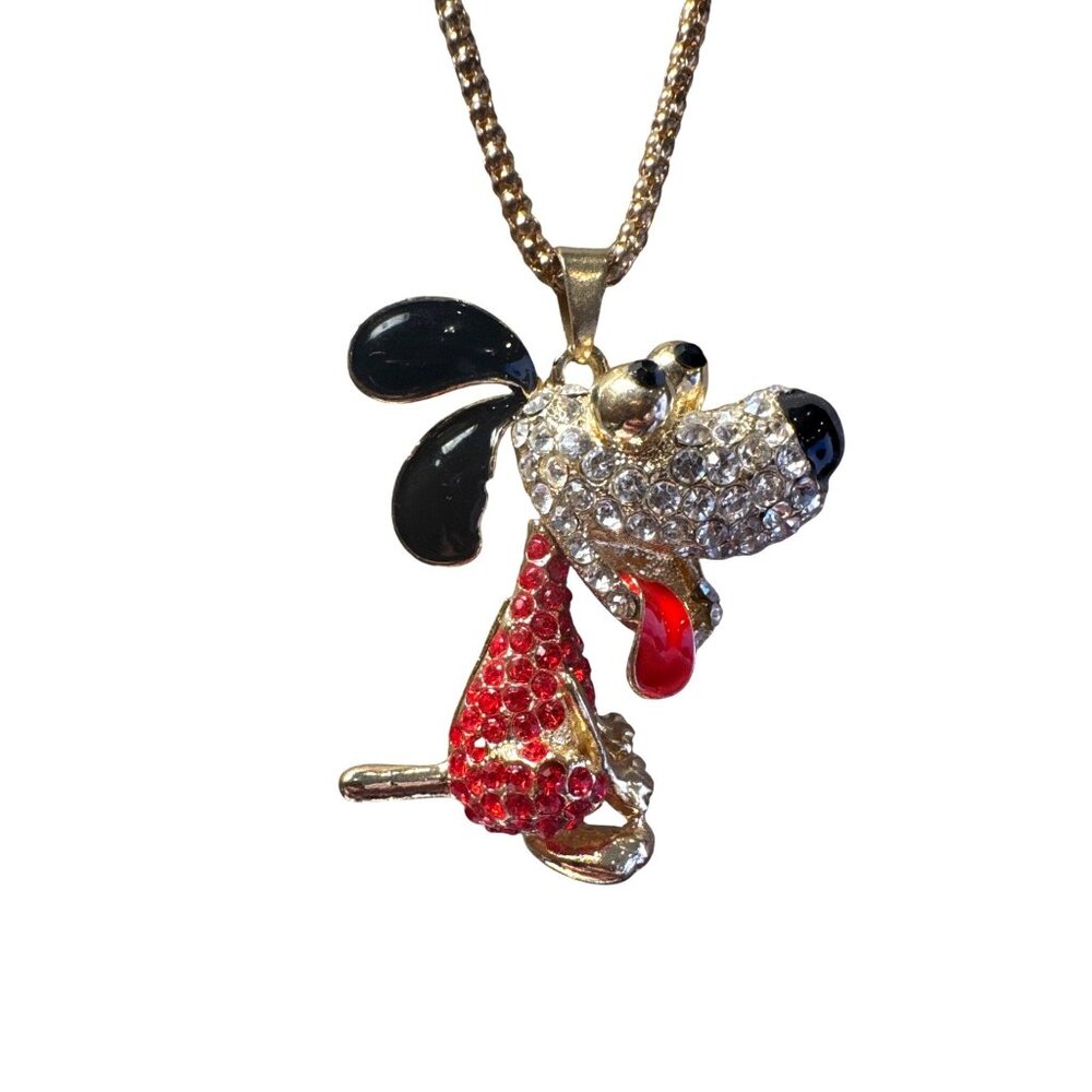 Betsey Johnson Dog Pendant Necklace Articulated Rhinestone Crystal Gold Tone